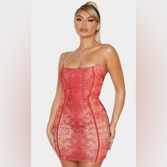 PrettyLittleThing Dresses & Skirts - PrettyLittleThing Red Snake Print Binded Detail Clear Strap Bodycon Dress